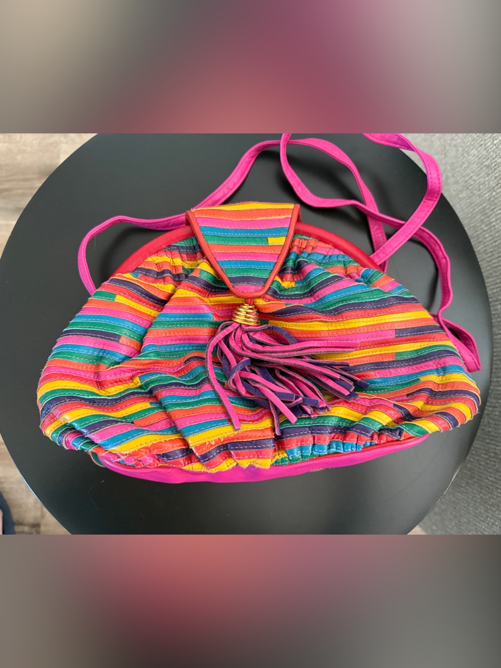 Vintage SHARIF Rainbow Striped Leather Patchwork Clutch Bag Tassel Rare 80s